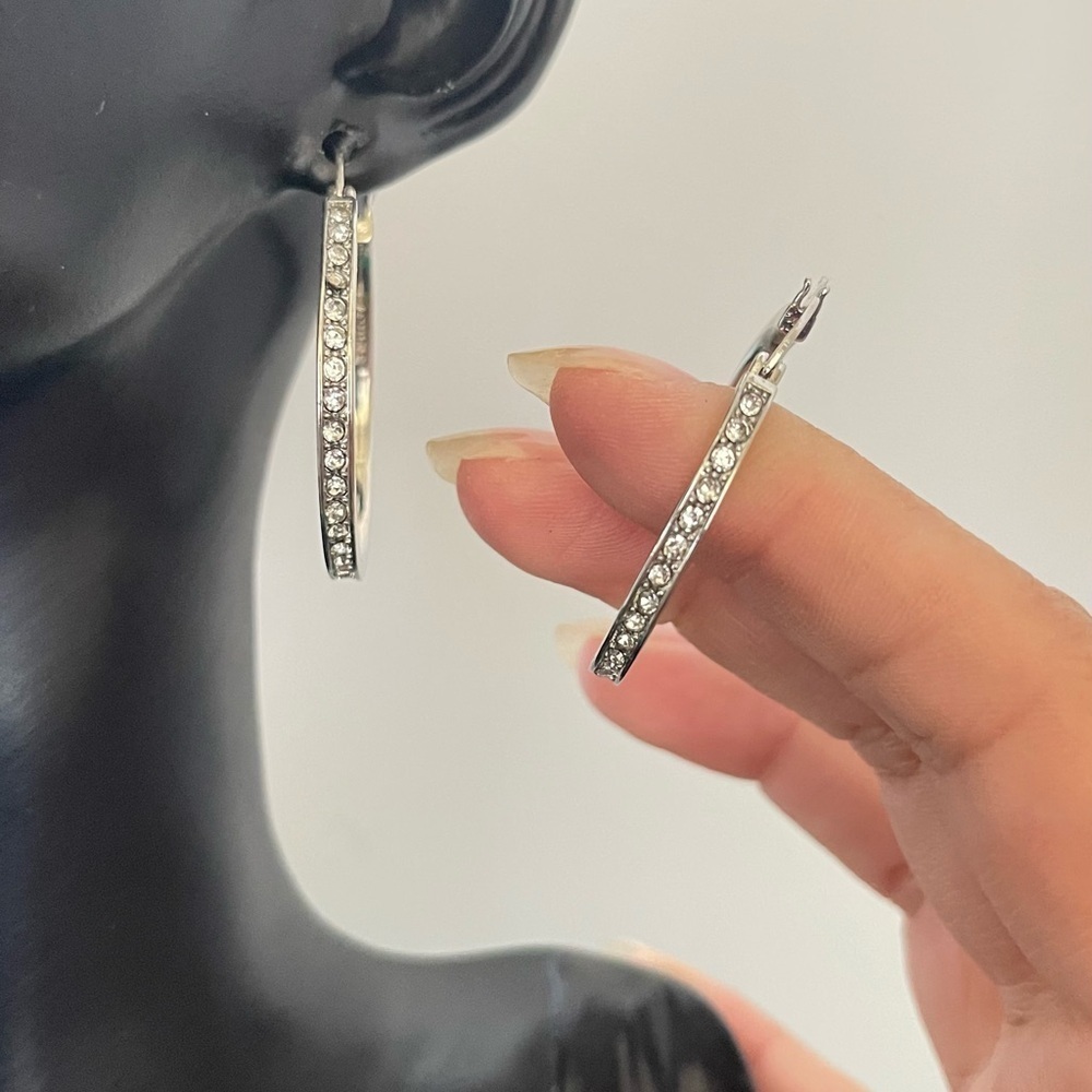 Cz silver tone hoop earrings